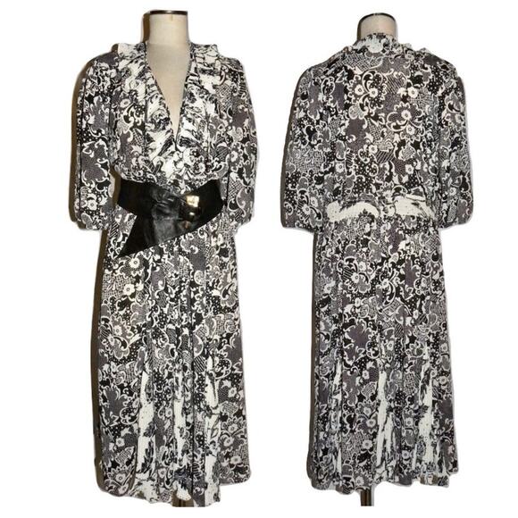 Vintage Susan Freis Georgette Graphic Print Midi Dress | Black & White | M/L - Picture 1 of 10